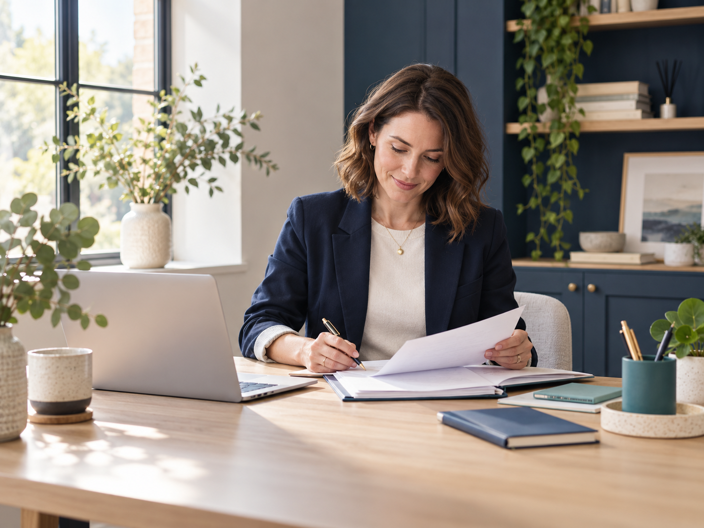 Bookkeeper reviewing paperwork at a desk