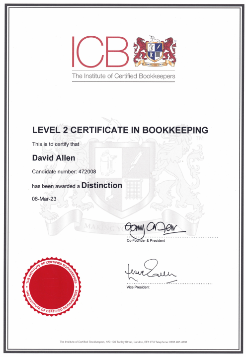 ICB Level 2 Certificate in Bookkeeping awarded with distinction