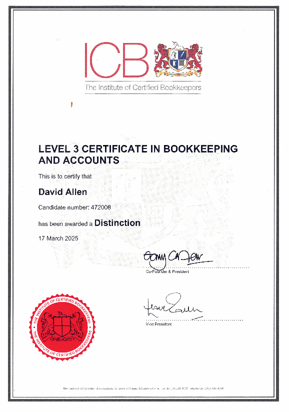ICB Level 3 Certificate in Bookkeeping and Accounts awarded with distinction