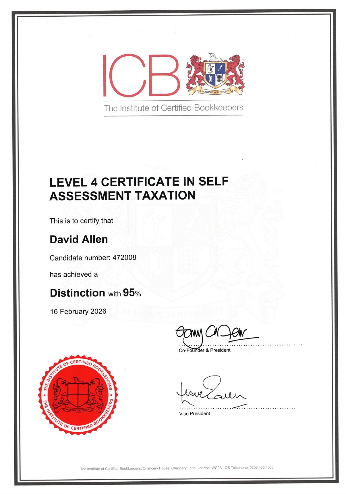 ICB Level 4 Certificate in Self Assessment Taxation awarded to David Allen with Distinction