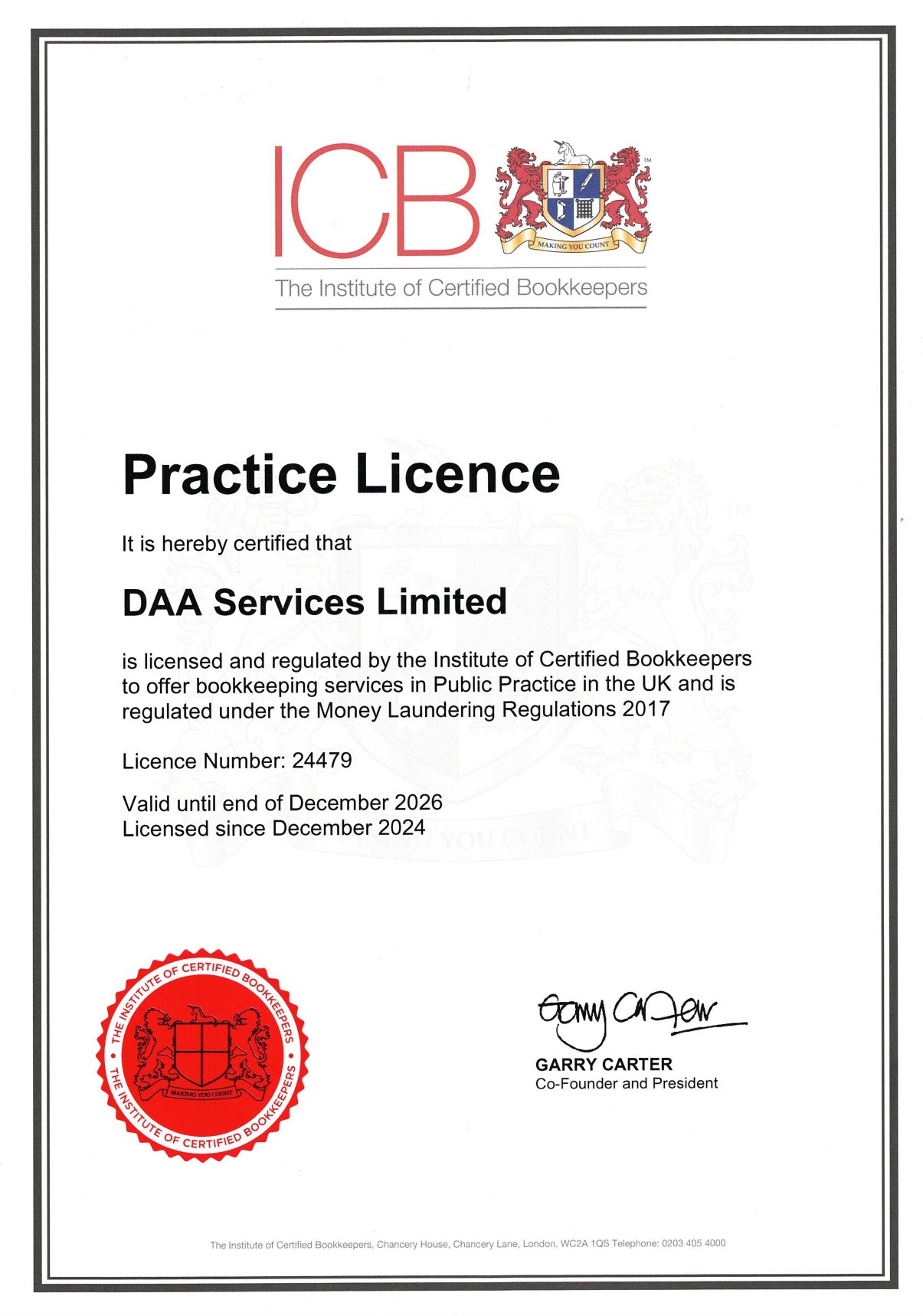 ICB Practice Licence for DAA Services Ltd, valid until the end of December 2026