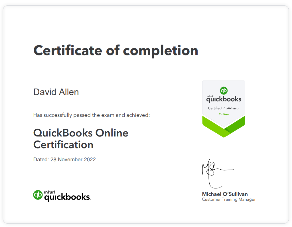 QuickBooks Online Certification certificate